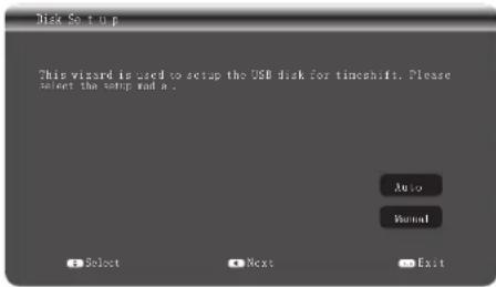 Disk Setup This wizard is used to setup the USB disk for timeshift. Please select the setup and a . Auto Warning Select Next Exit