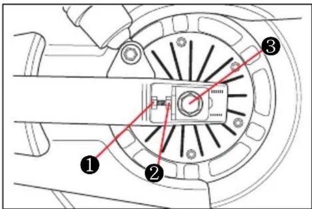 Technical diagram of a mechanical assembly with numbered components and red annotations indicating parts 1, 2, and 3.