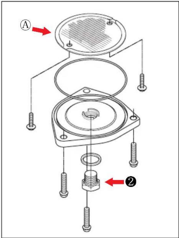 Technical diagram of a mechanical assembly with labeled parts and directional arrows indicating assembly steps.