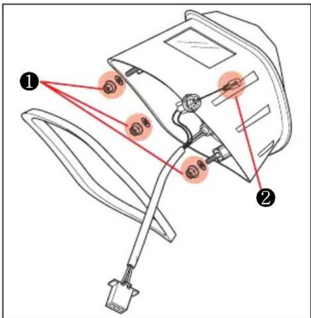 Diagram of a device with labeled parts and red laser lines indicating light paths or connections