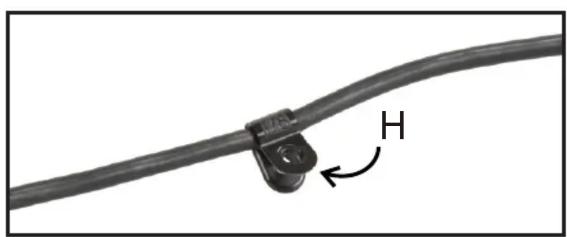 Close-up of a black cable with a small square connector and an arrow labeled 'H' indicating direction (no text or symbols beyond the label)