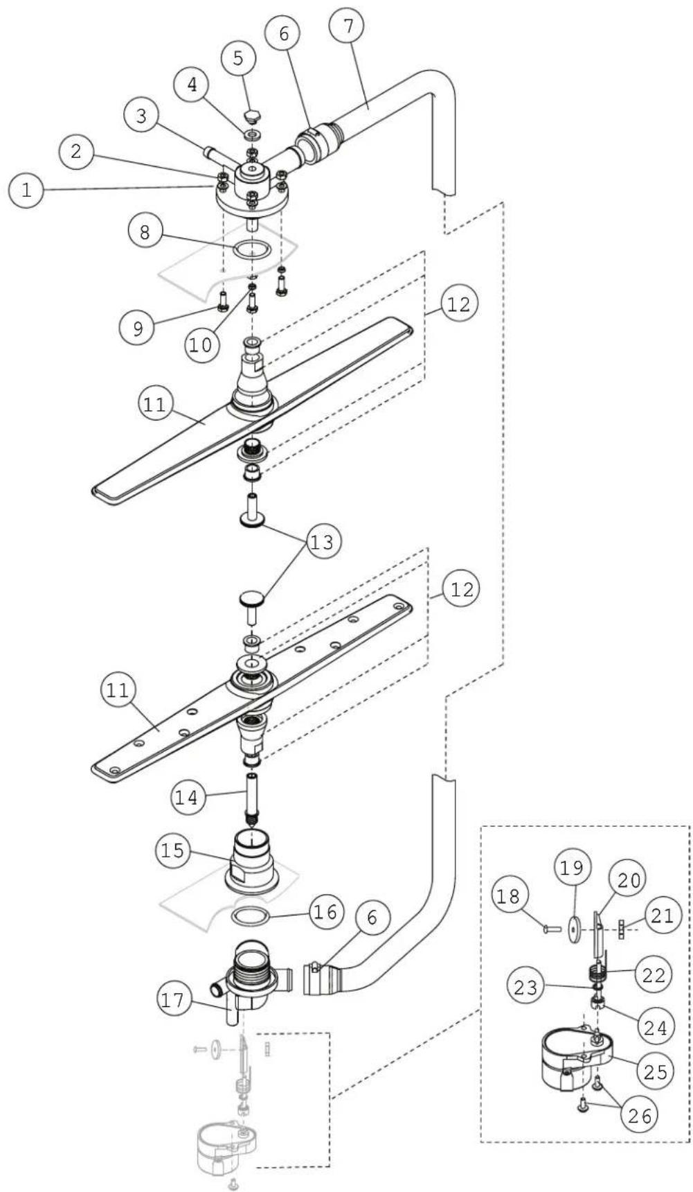 Exploded view diagram of a mechanical assembly with numbered components for identification