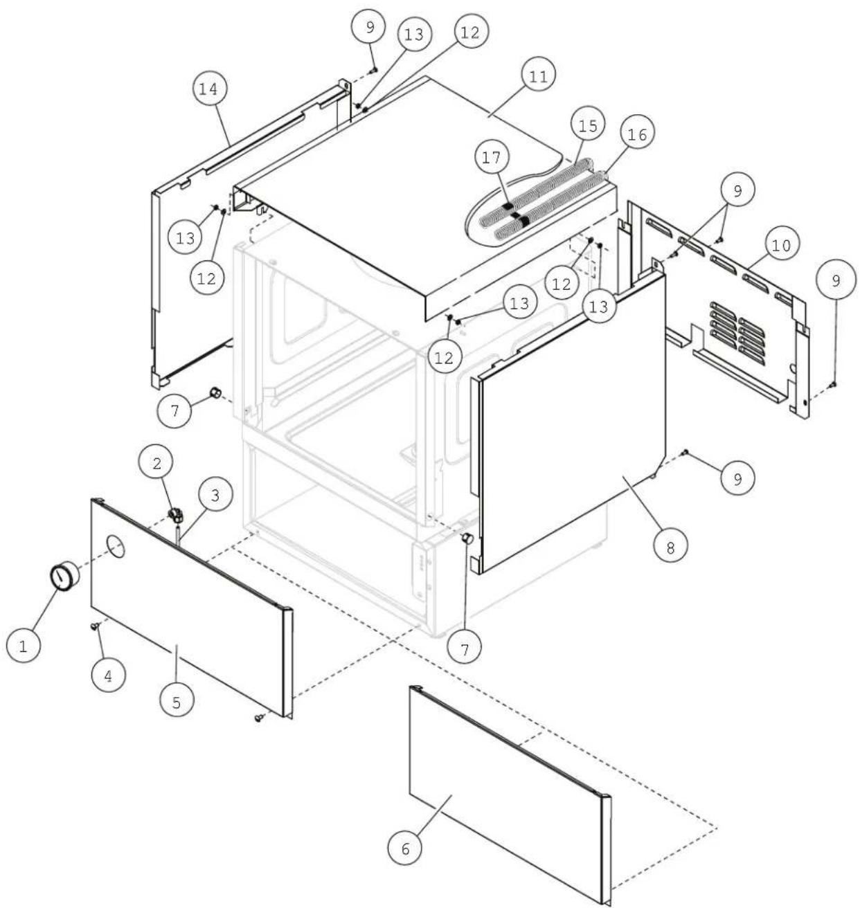 Exploded view diagram of a microwave oven with numbered components for identification