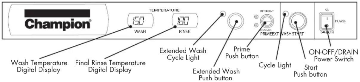 Champion® WASH TEMPERATURE 150 180 RINSE DETERGENT A RINSE AND PRIMEEXT WASH START ON POWER OFF/RAIN Wash Temperature Digital Display Final Rinse Temperature Digital Display Extended Wash Cycle Light Prime Push button Extended Wash Push button Cycle Light ON-OFF/DRAIN Power Switch Start Push button