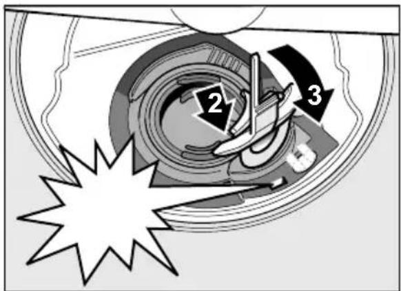 Technical diagram showing a mechanical component with labeled parts and directional arrows, including numbers 2 and 3.