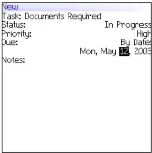 New Task: Documents Required Status: In Progress Priority: High Due: By Date: Mon, May 12, 2003 Notes:
