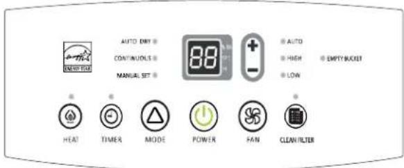AUTO DRY CONTINUOUS MANUAL SET 88 + - AUTO HIGH LOW EMPTY BUCKET HEAT TIMER MODE POWER FAN CLEAN FILTER