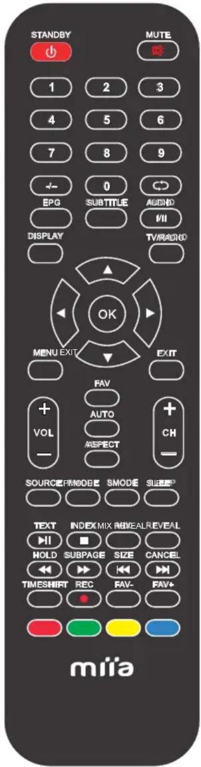 STANDBY MUTE 1 2 3 4 5 6 7 8 9 - 0 EPG SUBTITLE AUDIO DISPLAY TV/RADIO OK MENU EXIT EXIT FAV + AUTO + VOL ASPECT CH SOURCE PMODE SMODE SUEP* TEXT INDEX MIX REVEALREVEAL HOLD SUBPAGE SIZE CANCEL TIMESHIRT REC FAV- miia