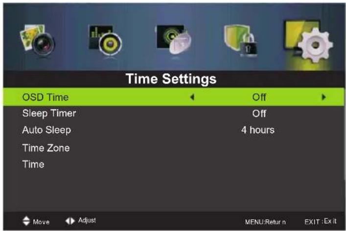 Time Settings OSD Time Off Sleep Timer Off Auto Sleep 4 hours Time Zone Time Move Adjust MENU:Return EXIT:Exit