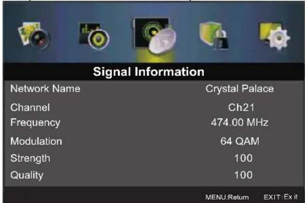Signal Information Network Name Crystal Palace Channel Ch21 Frequency 474.00 MHz Modulation 64 QAM Strength 100 Quality 100 MENU:Return EXIT:Ex it