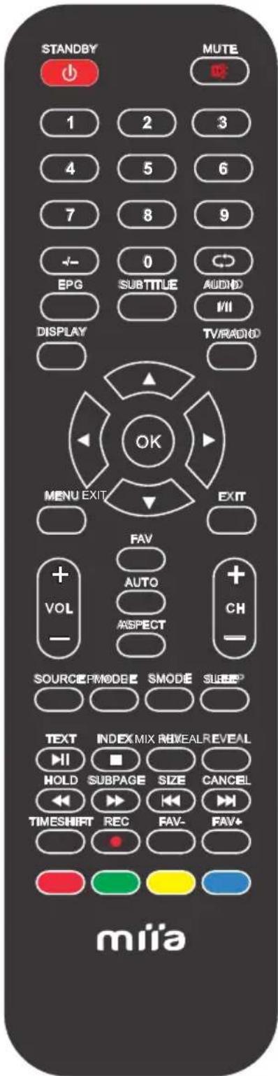 STANDBY MUTE 1 2 3 4 5 6 7 8 9 - 0 EPG SUBTITLE AUDIO DISPLAY TV/RADIO MENU EXIT EXIT FAV + AUTO + VOL ASPECT CH SOURCE PMODE SMODE SUEFP TEXT INDEX MIX REVEALREVEAL HOLD SUBPAGE SIZE CANCEL TIMESHIFT REC FAV- mila