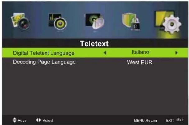 Teletext Digital Teletext Language Decoding Page Language Italiano West EUR Move Adjust MENU:Return EXIT : Exit
