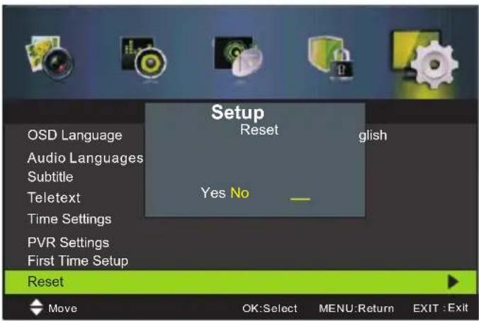 Setup Reset Yes No OSD Language Audio Languages Subtitle Teletext Time Settings PVR Settings First Time Setup Reset Move OK:Select MENU:Return EXIT : Exit