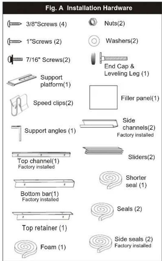 Fig. A Installation Hardware 3/8" Screws (4) 1"Screws (2) 7/16" Screws(2) Support platform(1) Speed clips(2) Support angles (1) Top channel(1) Factory installed Bottom bar(1) Factory installed Top retainer (1) Foam (1) Nuts(2) Washers(2) End Cap & Leveling Leg (1) Filler panel(1) Side channels(2) Fa…