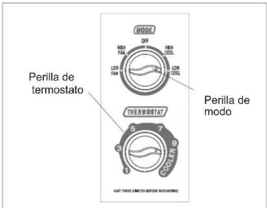 MODE OFF HIGH COOL HIGH FAN LOW COOL LOW FAN LOW FAN Perilla de termostato Thermostat 5 7 3 1 COOLER 9 Perilla de modo HUT THREE WRATERS BEFORE RESTARTING