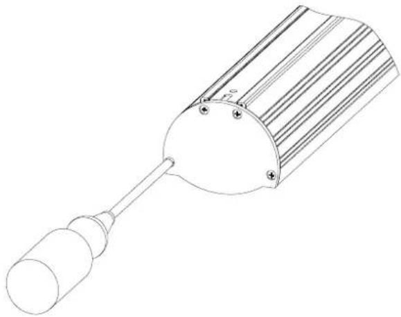 Technical line drawing of a mechanical component with cylindrical body and flanged shaft (no text or symbols)
