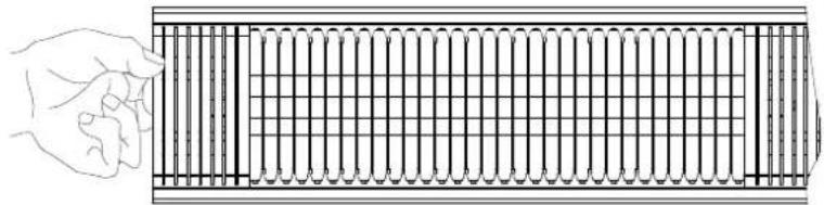 Line drawing of a hand holding a stringed metal bar with grid lines (no text or symbols)