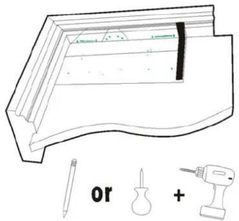 Line drawing of a wooden frame with a tool and two labeled parts (or, +), no text or symbols present.