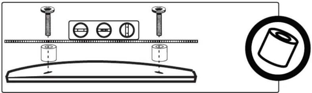 Technical diagram showing screw installation with three circular components and a magnified view of a cylindrical component.
