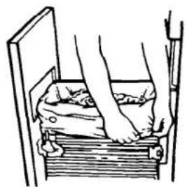 Line drawing of a person pressing down on a wooden plank (no text or symbols)