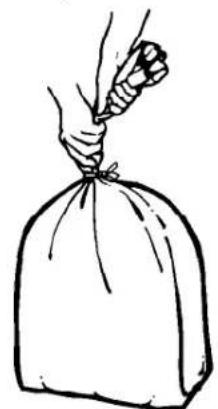 Simple line drawing of a hand holding a sack tied with a tool (no text or symbols)