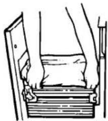 Line drawing of a person pressing down on a wooden plank (no text or symbols)