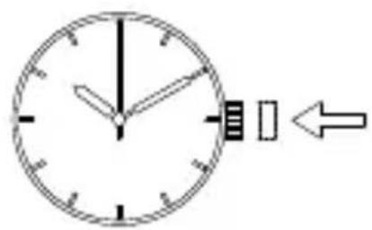 Analog clock face showing time with hour and minute hands, accompanied by an arrow indicating leftward movement.