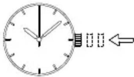 Analog clock face showing time with hour and minute hands, accompanied by a directional arrow indicating leftward movement.