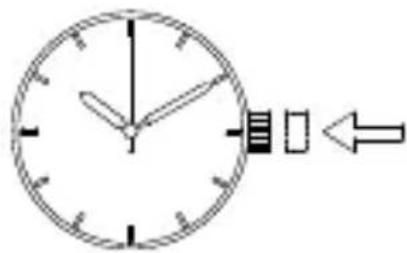 Analog clock face showing time with hour and minute hands, accompanied by a directional arrow indicating leftward movement.