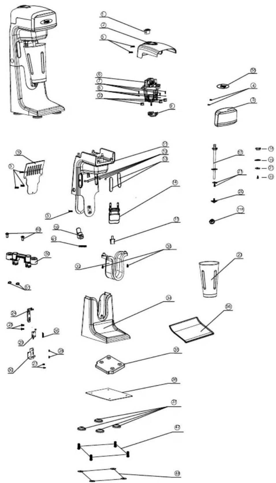 Exploded view diagram of a blender with numbered parts for identification and assembly reference.