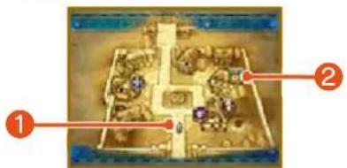 Diagram of a game arena with numbered annotations pointing to specific locations