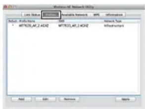 Network 5C Network Utility USB Status: available network BPS information Default: profile name: MP MTN20_MF_2.4GND MTN33_MF_2.4GND Infrastructure Add Edit Remove Help