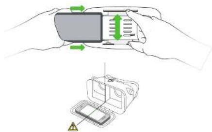 Diagram showing hand holding a device with green directional arrows and a 3D model of a device with warning symbol