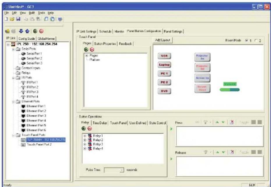 Unmired* - GC3 Edit Edit View Build Tools Help IP Link Config Guide GlobalMeers IPL 250: 192.168.254.254 Serial Ports Serial Port 1 Serial Port 2 Serial Port 3 Contact Inputs Relays IR Ports IR Port 1 IR Port 2 IR Port 3 IR Port 4 Ethernet Ports Ethernet Port 1 Ethernet Port 2 Ethernet Port 3 Ethernet Port 4 Ethernet Port 5 Ethernet Port 6 Touch Panel Ports TLP-35MVR 162.168.254.255 Touch Panel Port 2 IP Link Settings | Schedule | Monitor | Panel Button Configuration | Panel Settings | Touch Panel Pages | Button Properties | Feedback | (1) Pages 1 - Platform Add Layout Room Mode 1 2 VCR Projector On Laptop Properties Net PC 1 Screen Up PC 2 Server Diver BVD Button Operations Relay | Time Delay | Touch Panel | User Defined | State Control | (1) Relay 1 (1) Relay 2 (1) Relay 3 (1) Relay 4 Pulse Time: seconds Press Release Touch
