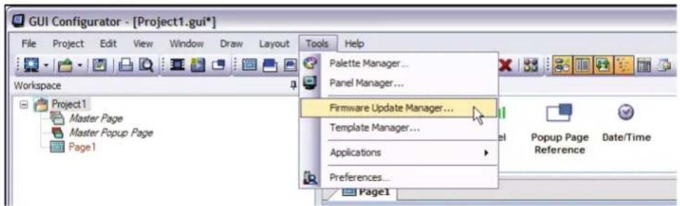 GUI Configurator - [Project1.gui*] File Project Edit View Window Draw Layout Tools Help Palette Manager... Panel Manager... Firmware Update Manager... Template Manager... Applications Preferences... Page1 Workspace Project1 Master Page Master Popup Page Page1 Popup Page Date/Time Reference