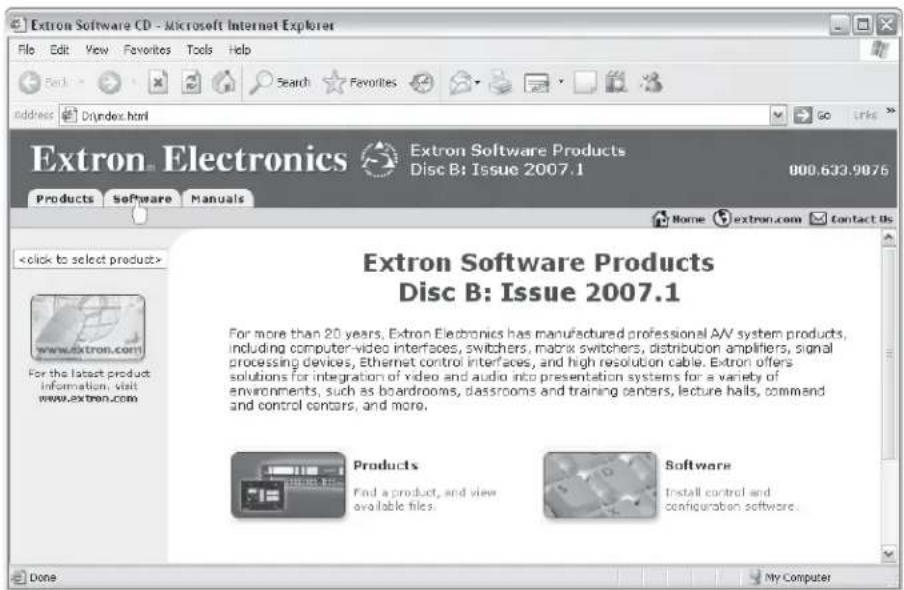 Extron Software Products Disc B: Issue 2007.1 For more than 20 years, Extron Electronics has manufactured professional AV system products, including computer-video interfaces, switchers, matrix switchers, distribution amplifiers, signal processing devices, Ethernet control interfaces, and high resolution cable. Extron offers solutions for integration of video and audio into presentation systems for a variety of environments, such as boardrooms, classrooms and training centers, lecture halls, command and control centers, and more. Products Find a product, and view available files. Software Install control and configuration software.