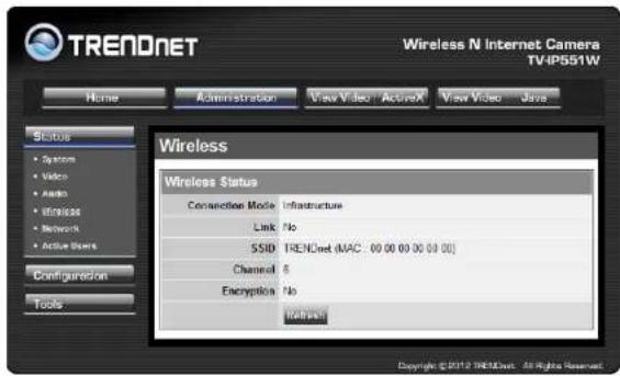 TRENDNET Wireless N Internet Camera TV4P551W Home Administration View Video ActiveX! View Video Java Status • System • Video • Audio • Wireless • Network • Active Users Configuration Tools Wireless Status Wireless Mode Infrastructure Link No SSID TRENDnet (MAC: 00.00.00.00.00.00) Channel 8 Encryption No Refresh Copyright © 2012 TRENDnet All Rights Reserved.