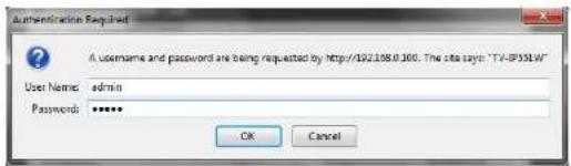 Authentication Required A username and password are being requested by Http/192108.0.100. The site says "TV-SP391W" User Name: admin Password: ***** OK Cancel