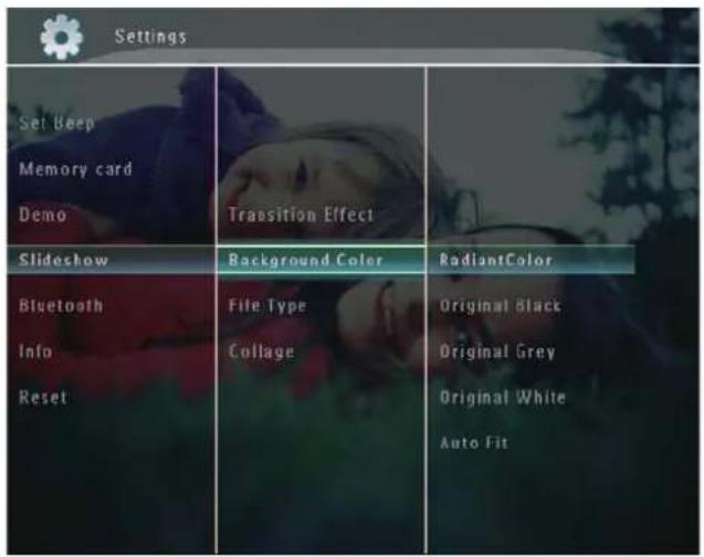 Settings Set Beep Memory card Demo Transition Effect Slideshow Background Color RadiantColor Bluetooth File Type Original Black Info Collage Original Grey Reset Original White Auto Fit