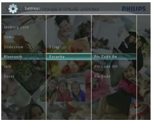 Settings: storage is virtually unlimited PHILIPS Memory card Demo Slideshow Setup Bluetooth Security Pin Code On Info Reset Pin Code Off Pin Code