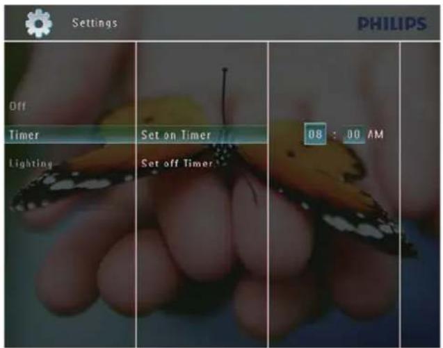 Settings PHILIPS Off Timer Set on Timer Lighting Set off Timer 08 : 00 AM