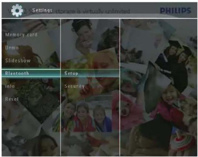 Settings: storage is virtually unlimited PHILIPS Memory card Demo Slideshow Bluetooth Setup Info Reset Security