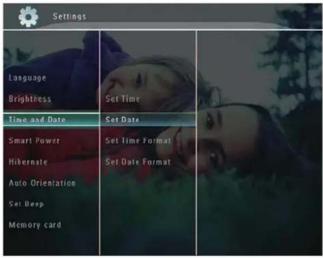 Settings Language Brightness Set Time Time and Date Set Date Smart Power Hibernate Set Time Format Set Date Format Auto Orientation Set Beep Memory card