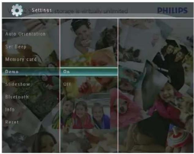 Settings: storage is virtually unlimited PHILIPS Auto Orientation Ser Beep Memory card Demo On Slideshow Bluetooth Info Reset