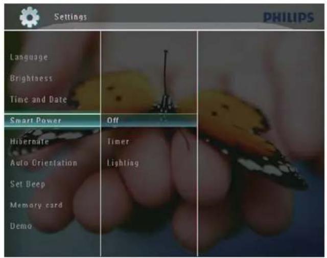 Settings PHILIPS Language Brightness Time and Date Smart Power Off Hibernate Timer Auto Orientation Lighting Set Deep Memory card Demo