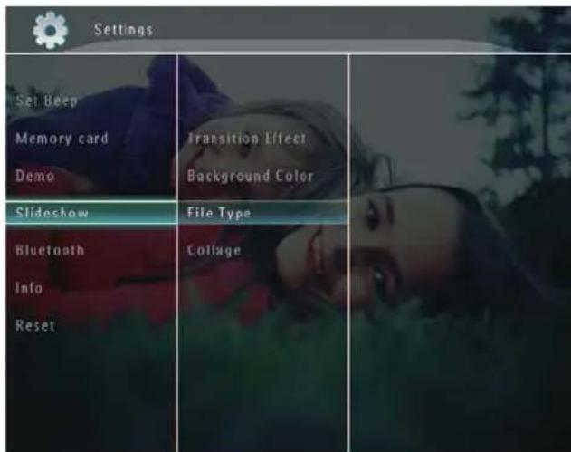 Set Beep Memory card Demo Transition Effect Background Color Slideshow File Type Bluetooth Info Reset Collage