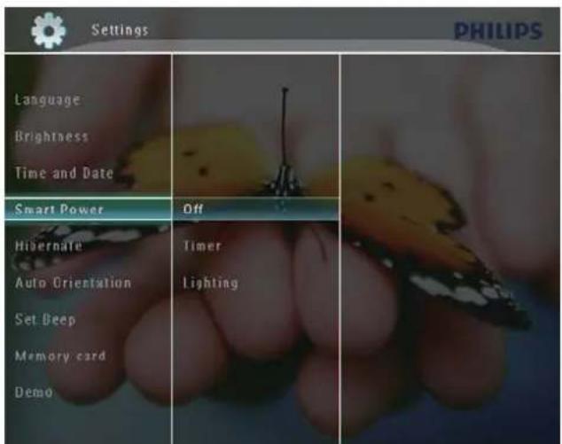 Settings PHILIPS Language Brightness Time and Date Smart Power Off Hibernate Timer Auto Orientation Lighting Set Deep Memory card Demo