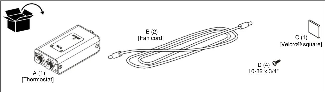 A (1) [Thermostat] B (2) [Fan cord] C (1) [Velcro® square] D (4) 10-32 x 3/4"
