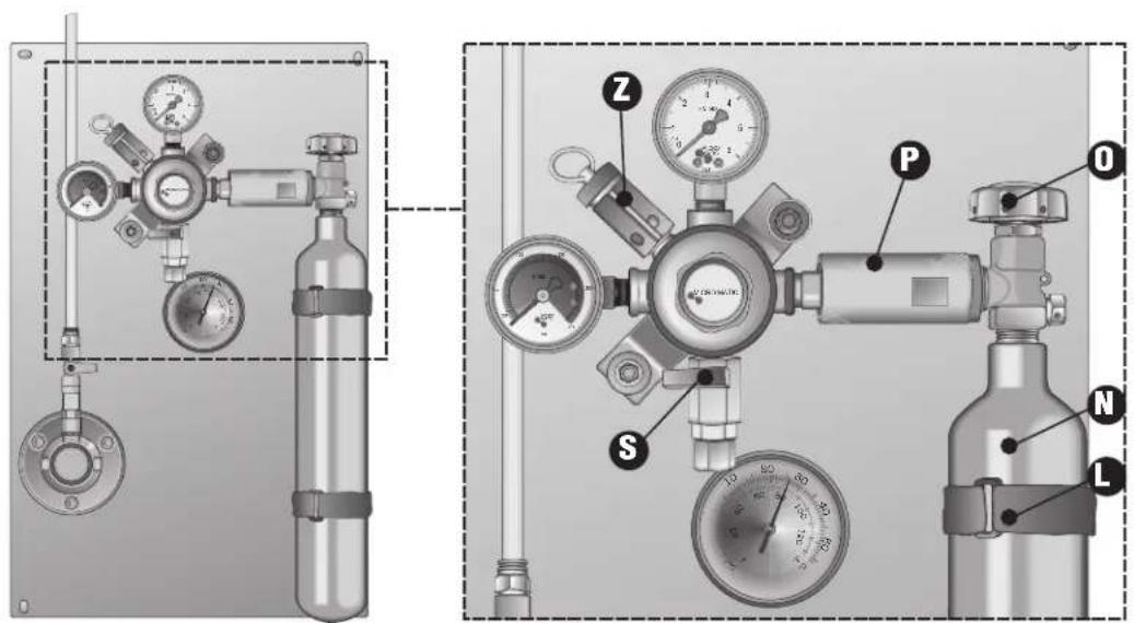 Technical diagram of a gas pressure regulator with labeled components including oxygen, nitrogen, sulfur, and pressure gauges.