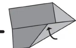 Geometric diagram of a folded paper or sheet with an arrow indicating rotation (no text or symbols)